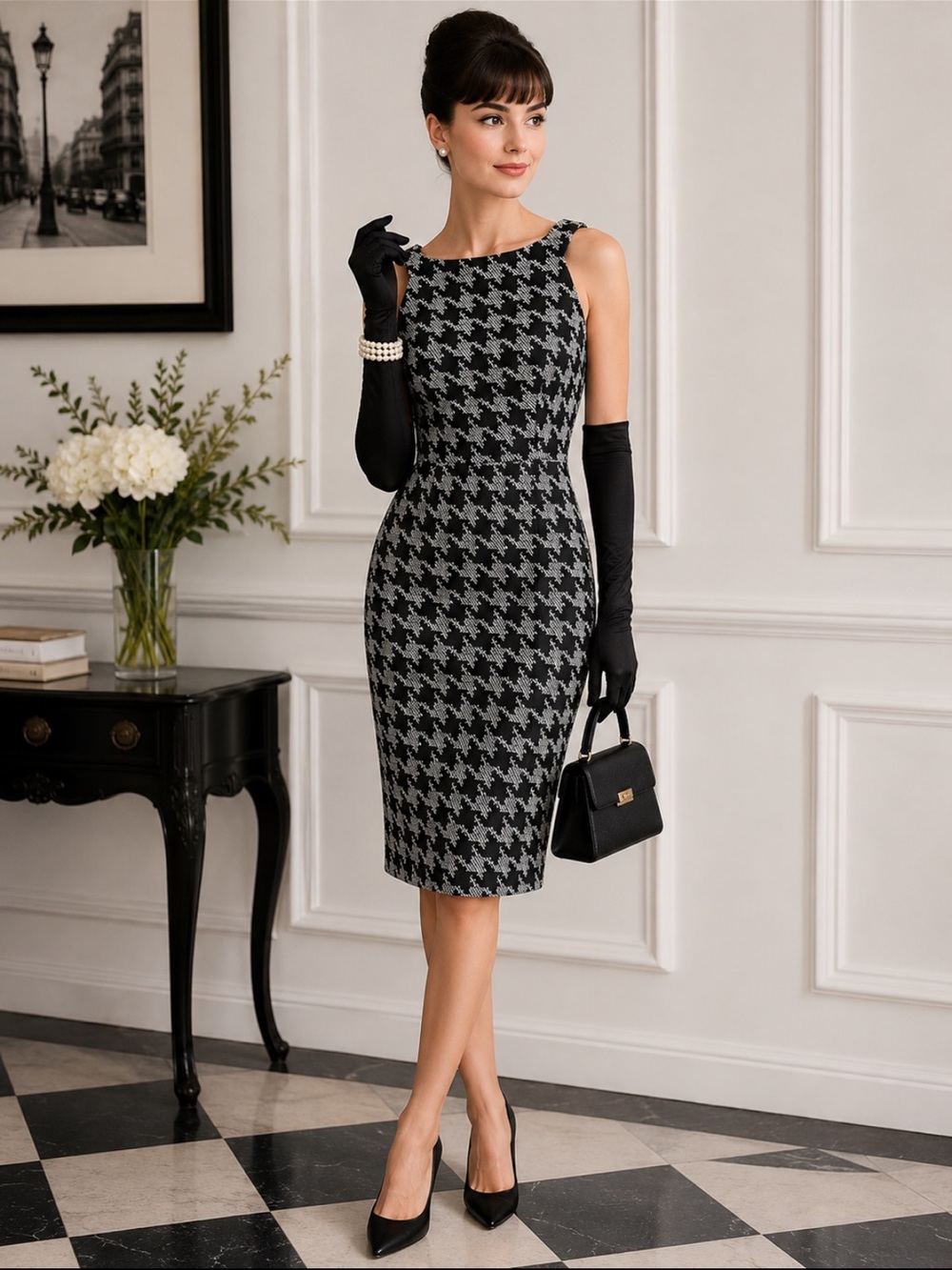 Trina Turk Black & Gray Houndstooth Midi Sheath Dress